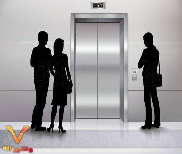 وکتور لایه باز سایه نما زن و مرد جلوی درب آسانسور